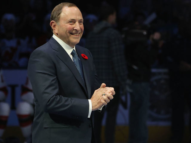 TORONTO, ONTARIO - NOVEMBER 09: NHL Commissioner Gary Bettman is introduced to fans during a pregame ceremony for the Hockey Hall of Fame prior to the Toronto Maple Leafs taking on the New Jersey Devils at the Scotiabank Arena on November 09, 2018 in Toronto, Ontario, Canada.