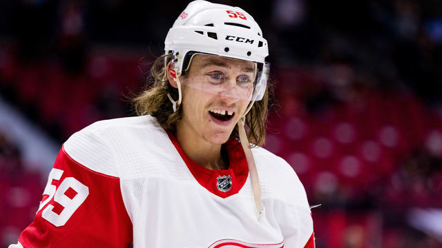 OTTAWA, ON - NOVEMBER 15: Detroit Red Wings Right Wing Tyler Bertuzzi (59) during warm-up before National Hockey League action between the Detroit Red Wings and Ottawa Senators on November 15, 2018, at Canadian Tire Centre in Ottawa, ON, Canada.
