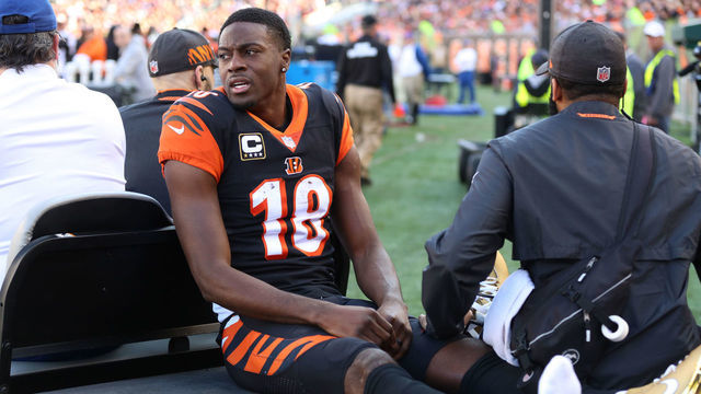 CINCINNATI, OH - NOVEMBER 11: Cincinnati Bengals wide receiver A.J. Green (18) is carted off the field during the game against the Denver Broncos and the Cincinnati Bengals on December 2nd 2018, at Paul Brown Stadium in Cincinnati, OH.