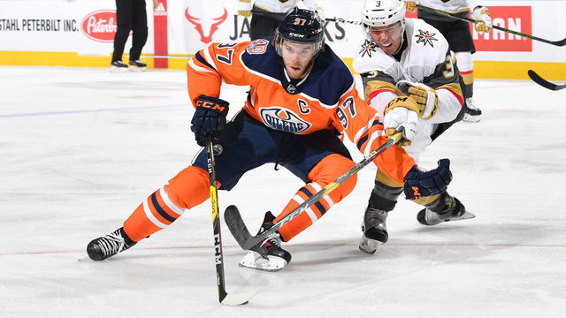 EDMONTON, AB - DECEMBER 1: Connor McDavid #97 of the Edmonton Oilers skates past Brayden McNabb #3 of the Vegas Golden Knights on December 1, 2018 at Rogers Place in Edmonton, Alberta, Canada.