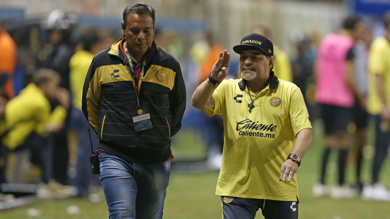 CULIACAN, MEXICO - NOVEMBER 29: Diego Armando Maradona coach of Dorados reacts during the final first leg match between Dorados de Sinalo and Atletico San Luis as part of the Torneo Apertura 2018 Ascenso MX at Banorte Stadium on November 29, 2018 in Culiacan, Mexico.