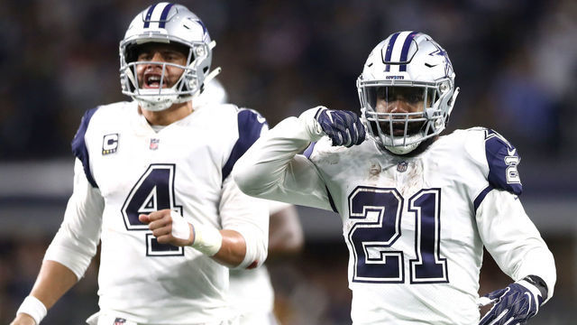 ARLINGTON, TEXAS - NOVEMBER 29: Ezekiel Elliott #21 of the Dallas Cowboys reacts after running for a first down with Dak Prescott #4 in the fourth quarter against the New Orleans Saints at AT&T Stadium on November 29, 2018 in Arlington, Texas.