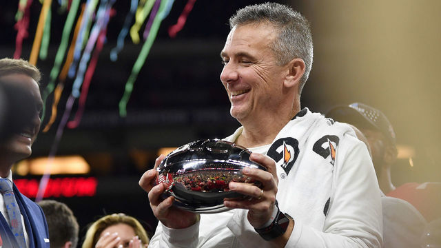 INDIANAPOLIS, IN - DECEMBER 01: Ohio State Buckeyes head coach Urban Meyer celebrates after winning the Big Ten championship game on December 1, 2018 at Lucas Oil Stadium in Indianapolis, Indiana.