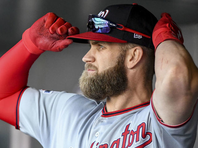 DENVER, CO - SEPTEMBER 30: Washington Nationals right fielder Bryce Harper (34) adjusts his hat before taking the field during the final regular season game of the 2018 season against the Colorado Rockies at Coors Field.