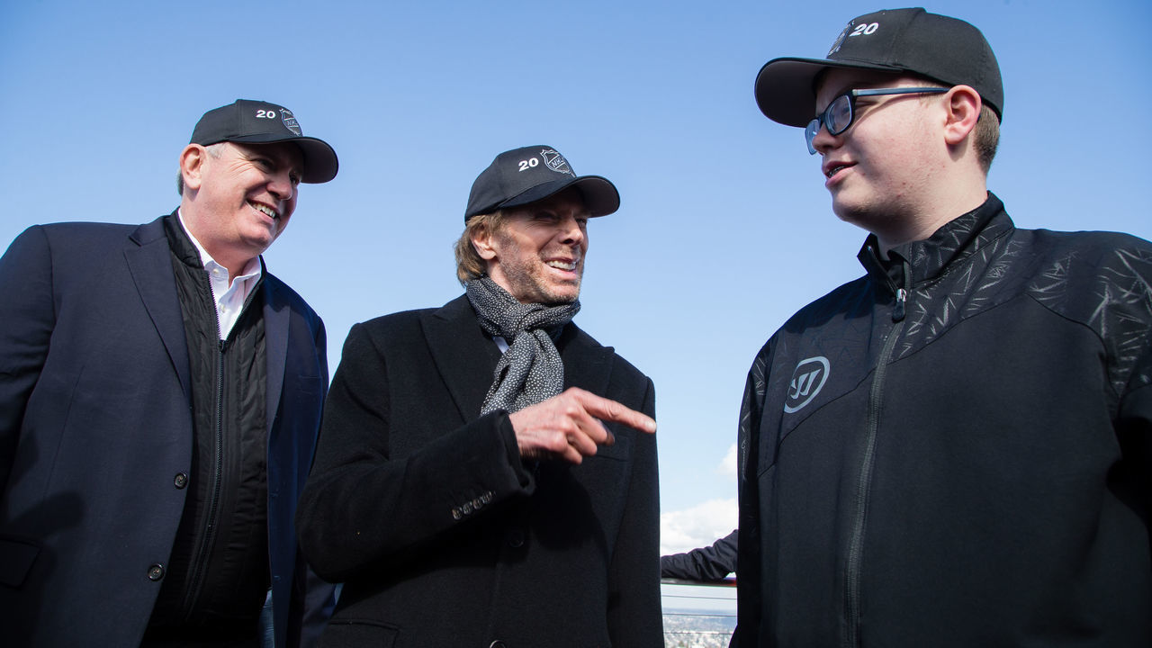 SEATTLE, WA - MARCH 1: Potential Seattle NHL franchise owners Tim Leiweke and Jerry Bruckheimer are joined by honorary captain Bretton Chitwood on the top of the Space Needle during the NHL Seattle season ticket deposit drive kickoff on Thursday, March 1, 2018 in Seattle, WA.