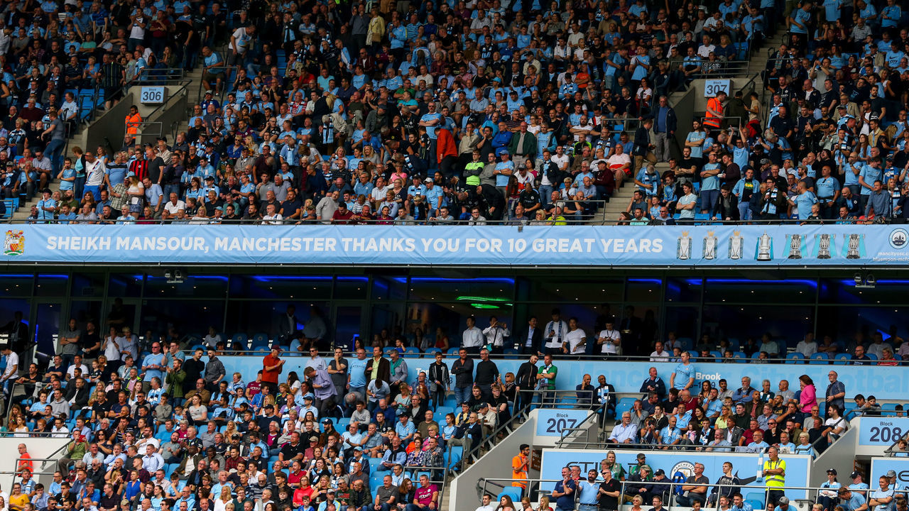 MANCHESTER, ENGLAND - SEPTEMBER 01: A banner is seen for Manchester City owner Sheikh Mansour on the ten year anniversary of his ownership of the club during the Premier League match between Manchester City and Newcastle United at Etihad Stadium on September 1, 2018 in Manchester, United Kingdom.