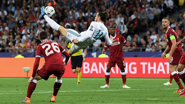 KIEV, UKRAINE - MAY 26: Gareth Bale of Real Madrid CF scores his team's second goal during the UEFA Champions League final between Real Madrid and Liverpool on May 26, 2018 in Kiev, Ukraine.