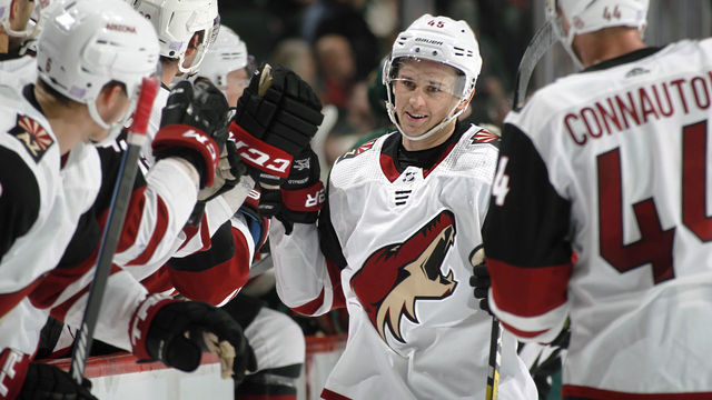 ST. PAUL, MN - NOVEMBER 27: Josh Archibald celebrates his 2nd goal of the night in the 3rd period and eventual game-winner during a game with the Minnesota Wild at Xcel Energy Center on November 27, 2018 in St. Paul, Minnesota. The Coyotes defeated the Wild 4-3.