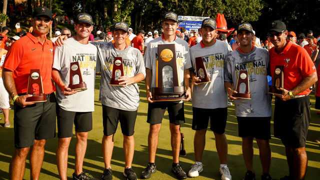 STILLWATER, OK - MAY 30: The Oklahoma State men's golf team poses after winning the Division I Men's Golf Team Match Play Championship held at the Karsten Creek Golf Club on May 30, 2018 in Stillwater, Oklahoma.