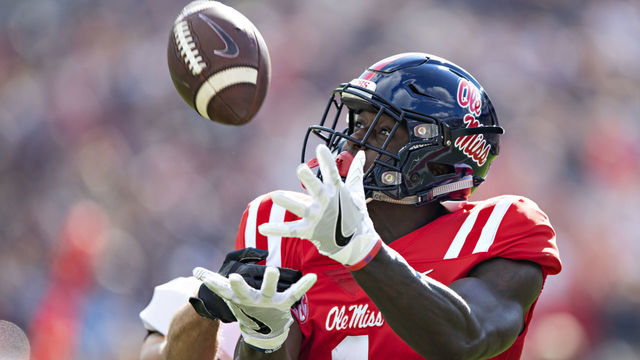 OXFORD, MS - SEPTEMBER 8: A.J. Brown #1 of the Mississippi Rebels catches a pass during a game against the Southern Illinois Salukis at Vaught-Hemingway Stadium on September 8, 2018 in Oxford, Mississippi. The Rebels defeated the Salukis 76-41.
