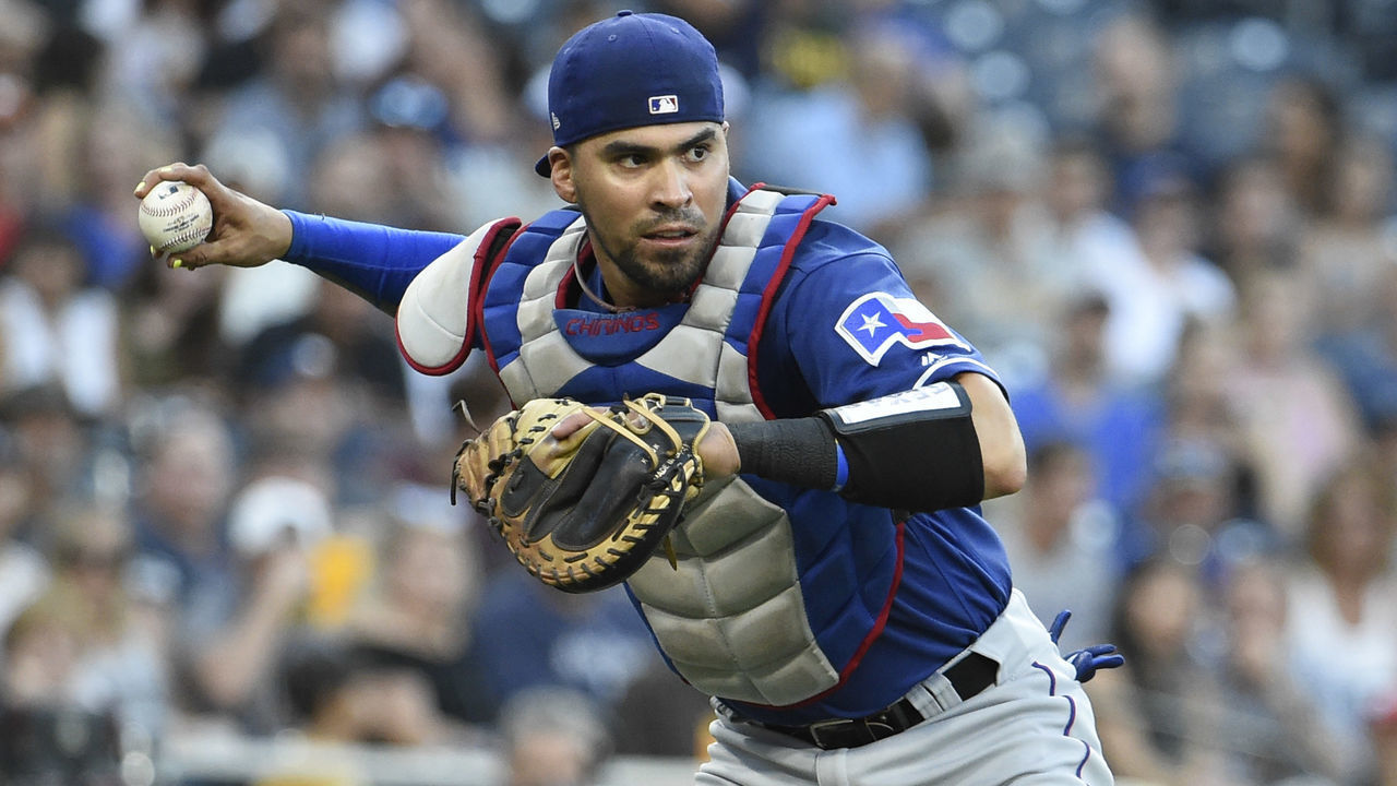 SAN DIEGO, CA - SEPTEMBER 15: Robinson Chirinos #61 of the Texas Rangers plays during a baseball game against the Texas Rangers at PETCO Park on September 15, 2018 in San Diego, California.