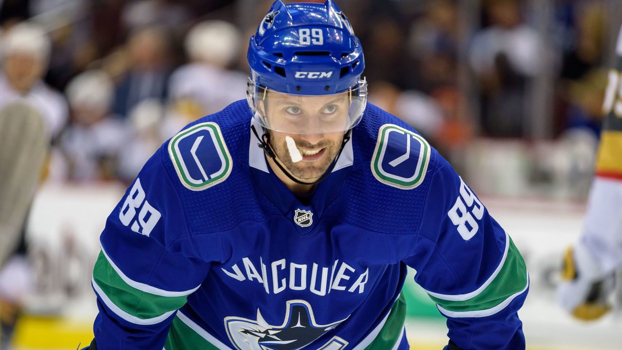VANCOUVER, BC - NOVEMBER 29: Vancouver Canucks Center Sam Gagner (89) waits for a face-off during their NHL game against the Vegas Golden Knights at Rogers Arena on November 29, 2018 in Vancouver, British Columbia, Canada. Vegas won 4-3.