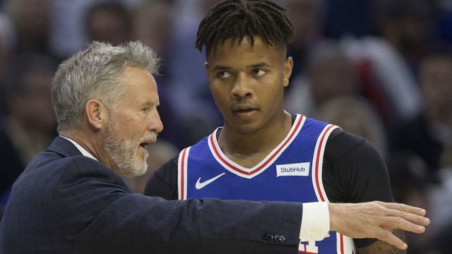 PHILADELPHIA, PA - OCTOBER 18: Head coach Brett Brown talks to Markelle Fultz #20 of the Philadelphia 76ers against the Chicago Bulls at the Wells Fargo Center on October 18, 2018 in Philadelphia, Pennsylvania.