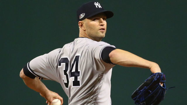 BOSTON, MA - OCTOBER 5: J.A. Happ #34 of the New York Yankees pitches during Game 1 of the ALDS against the Boston Red Sox at Fenway Park on Friday, October 5, 2018 in Boston, Massachusetts.