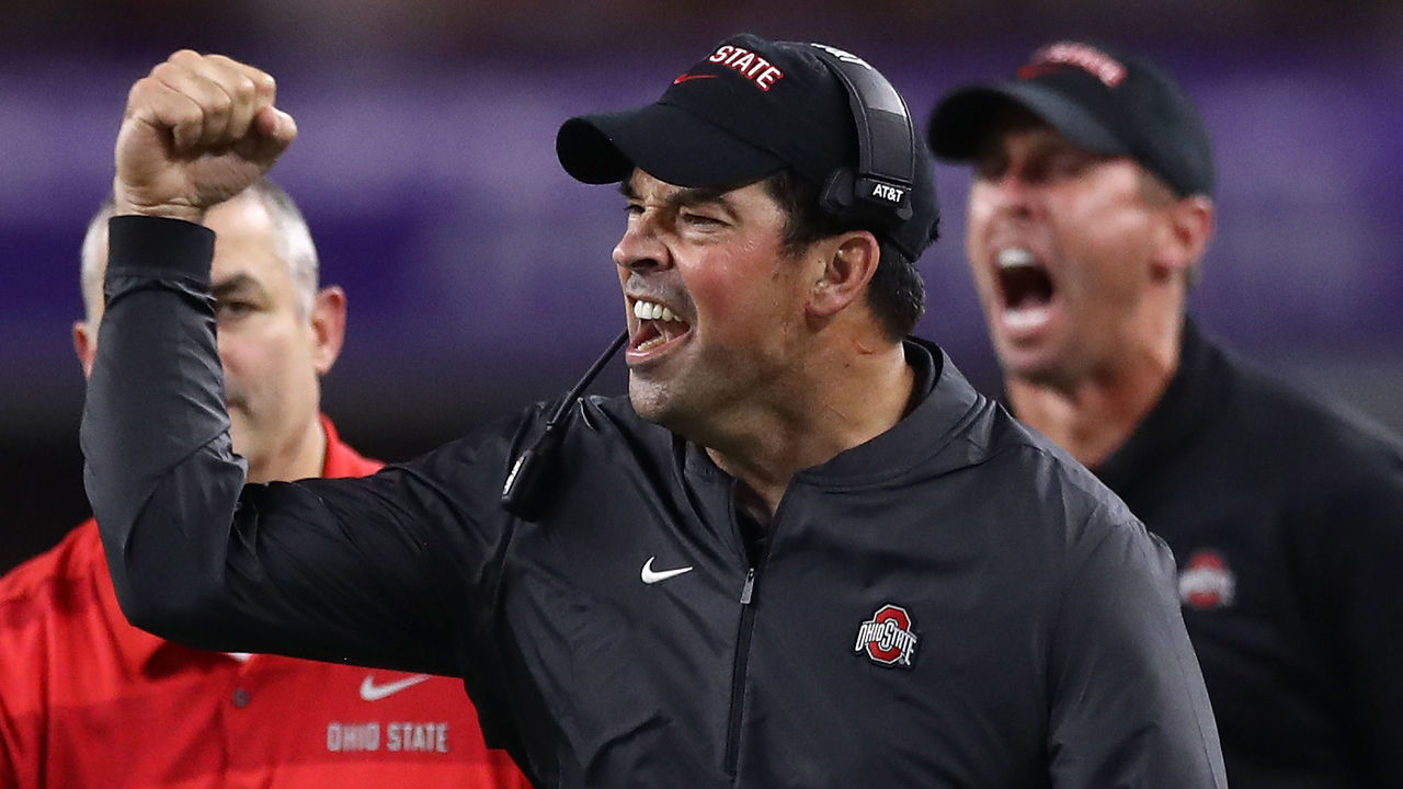 ARLINGTON, TX - SEPTEMBER 15: Interim head coach Ryan Day of the Ohio State Buckeyes reacts during The AdvoCare Showdown against the TCU Horned Frogs at AT&T Stadium on September 15, 2018 in Arlington, Texas.