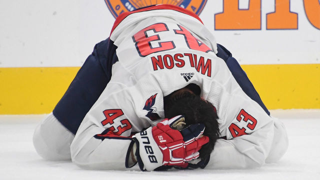 LAS VEGAS, NEVADA - DECEMBER 04: Tom Wilson #43 of the Washington Capitals reacts after he was hurt in a collision with Ryan Reaves (not pictured) #75 of the Vegas Golden Knights in the second period of their game at T-Mobile Arena on December 4, 2018 in Las Vegas, Nevada. Reaves received a five-minute major penalty for interference and a game misconduct penalty as a result of the play. The Golden Knights defeated the Capitals 5-3.
