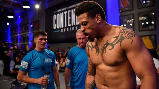 LAS VEGAS, NV - JUNE 12: Greg Hardy prepares to enter the Octagon prior to his heavyweight bout against Austen Lane during Dana White's Tuesday Night Contender Series at the TUF Gym on June 12, 2018 in Las Vegas, Nevada.