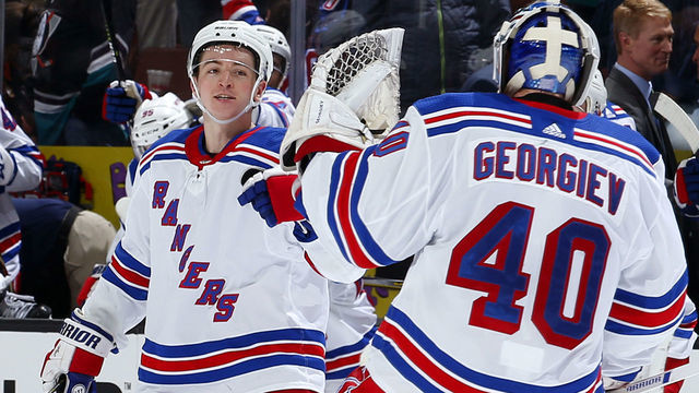 ANAHEIM, CA - NOVEMBER 1: Jimmy Vesey #26 of the New York Rangers congratulates Alexandar Georgiev #40 following their 3-2 shootout win against the Anaheim Ducks on November 1, 2018 at Honda Center in Anaheim, California.