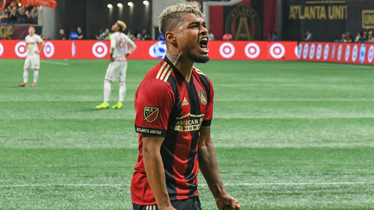 ATLANTA, GA - NOVEMBER 25: Atlanta's Josef Martinez (7) reacts after scoring a goal during the MLS Eastern Conference final match between Atlanta United and New York Red Bulls on November 25th, 2018 at Mercedes-Benz Stadium in Atlanta, GA.