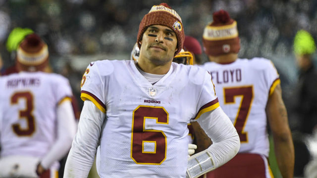 PHILADELPHIA, PA - DECEMBER 3: Washington Redskins quarterback Mark Sanchez (6) looks at the scoreboard during action against the Philadelphia Eagles at Lincoln Financial Field.