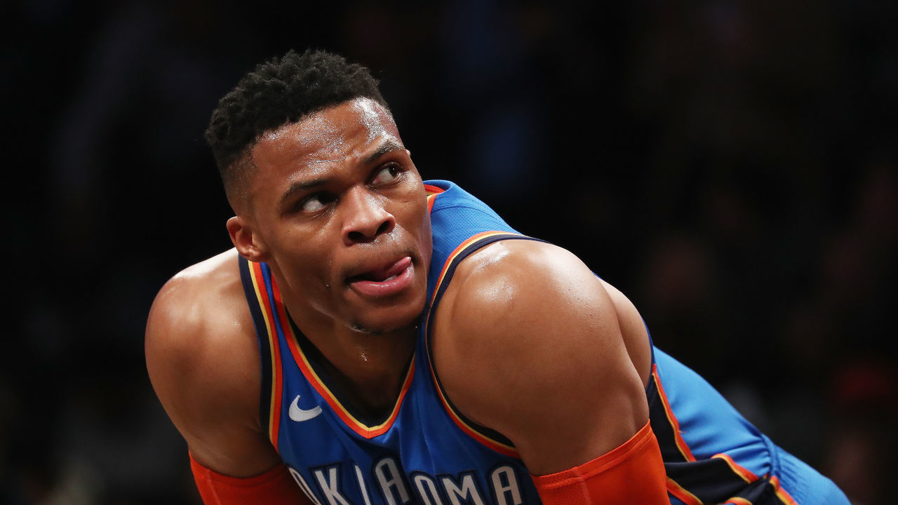 NEW YORK, NY - DECEMBER 05: Russell Westbrook #0 of the Oklahoma City Thunder looks on against the Brooklyn Nets during their game at the Barclays Center on December 5, 2018 in New York City.