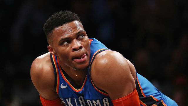 NEW YORK, NY - DECEMBER 05: Russell Westbrook #0 of the Oklahoma City Thunder looks on against the Brooklyn Nets during their game at the Barclays Center on December 5, 2018 in New York City.