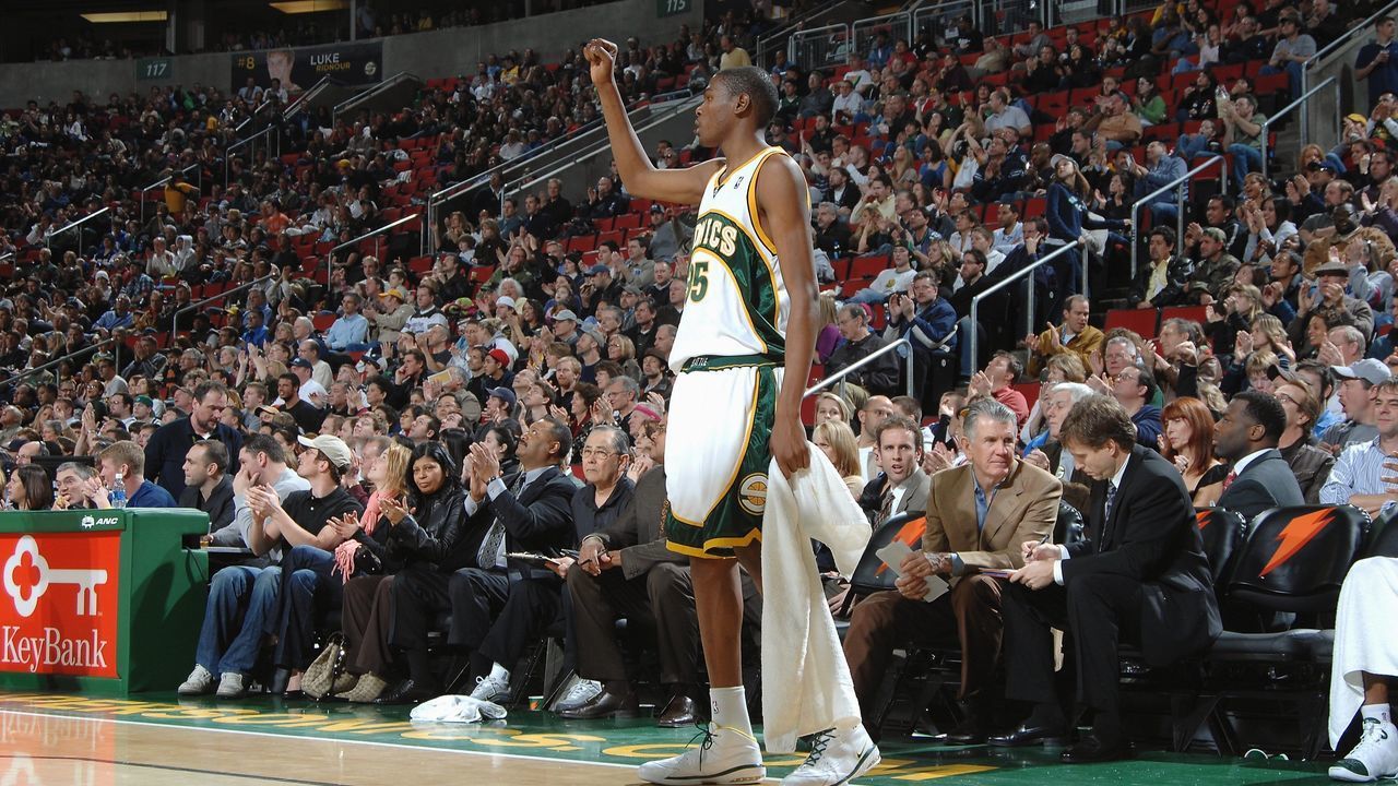 SEATTLE - JANUARY 11: Kevin Durant #35 of the Seattle SuperSonics gestures from the sideline during the game against the Dallas Mavericks on January 11, 2008 at the Key Arena in Seattle, Washington. The Mavericks won 90-70. Mandatory Copyright Notice: Copyright 2007 NBAE