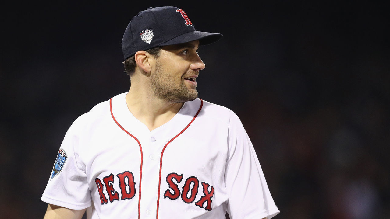 BOSTON, MA - OCTOBER 23: Nathan Eovaldi #17 of the Boston Red Sox reacts during the eighth inning against the Los Angeles Dodgers in Game One of the 2018 World Series at Fenway Park on October 23, 2018 in Boston, Massachusetts.