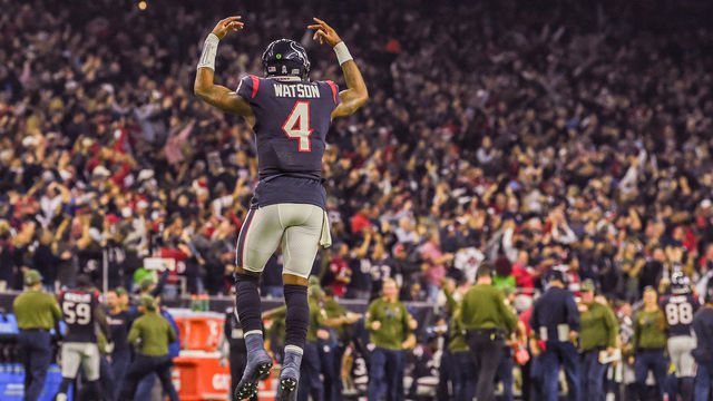 HOUSTON, TX - NOVEMBER 26: Houston Texans Quarterback Deshaun Watson (4) celebrates as Houston Texans Running Back Lamar Miller (26) scores on a first half 97-yard rushing touchdown during the football game between the Tennessee Titans and Houston Texans on November 26, 2018 at NRG Stadium in Houston, Texas.