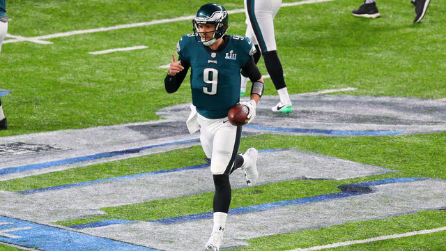 MINNEAPOLIS, MN - FEBRUARY 04: Philadelphia Eagles quarterback Nick Foles (9) goes to the sideline after scoring a touchdown during the second quarter of Super Bowl LII on February 4, 2018, at U.S. Bank Stadium in Minneapolis, MN.