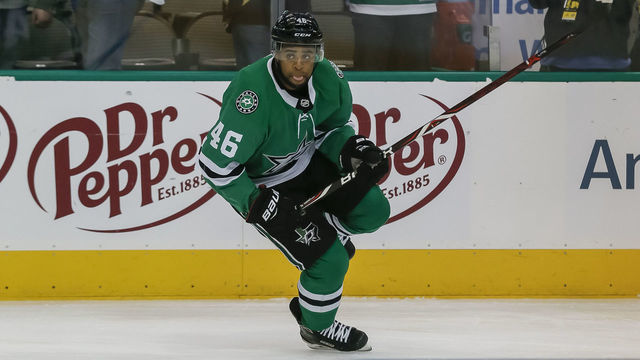 DALLAS, TX - OCTOBER 23: Dallas Stars center Gemel Smith (46) skates in warm-ups prior to the game between the Dallas Stars and the Los Angeles Kings on October 23, 2018 at the American Airlines Center in Dallas, Texas.