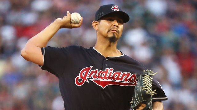 BOSTON, MA - AUGUST 22: Carlos Carrasco #59 of the Cleveland Indians pitches in the first inning of a game against the Boston Red Sox at Fenway Park on August 22, 2018 in Boston, Massachusetts.