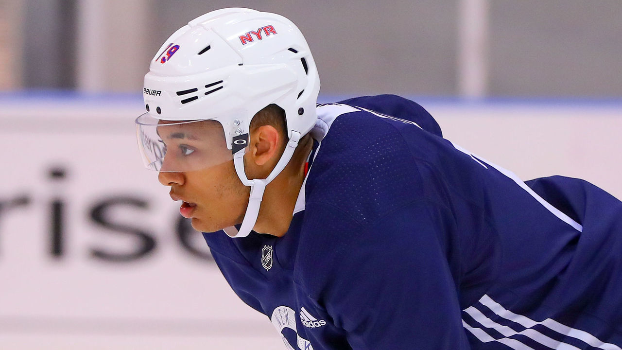 NEW YORK, NY - JUNE 29: New York Rangers Defenseman K'Andre Miller (79) skates during New York Rangers Prospect Development Camp on June 29, 2018 at the MSG Training Center in New York, NY.
