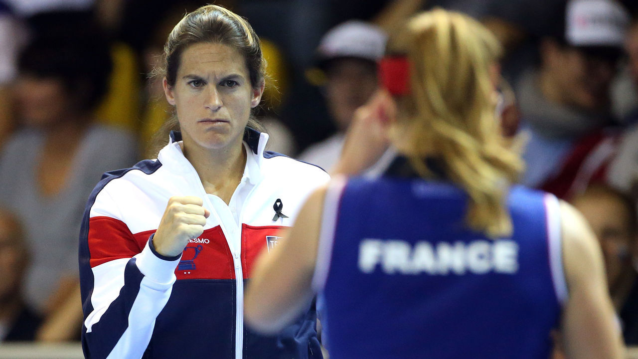 STRASBOURG, FRANCE - NOVEMBER 13: Captain Amelie Mauresmo of France reacts during the 2016 Fed Cup Final between France and Czech Republic at Rhenus Sport arena on November 13, 2016 in Strasbourg, France.
