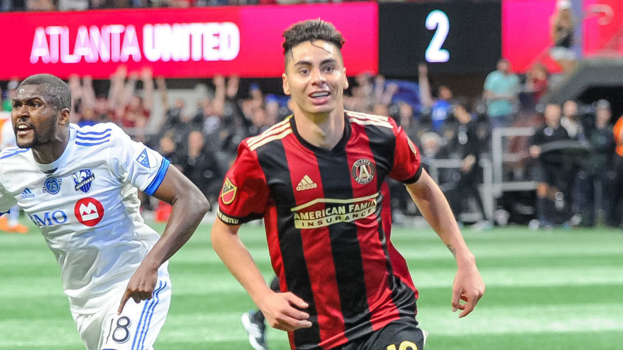 ATLANTA, GA - APRIL 28: Miguel Almiron (10) of Atlanta United celebrates a goal during an MLS regular season game between the Montreal Impact and Atlanta United at Mercedes-Benz Stadium in Atlanta, Ga on April 28, 2018.