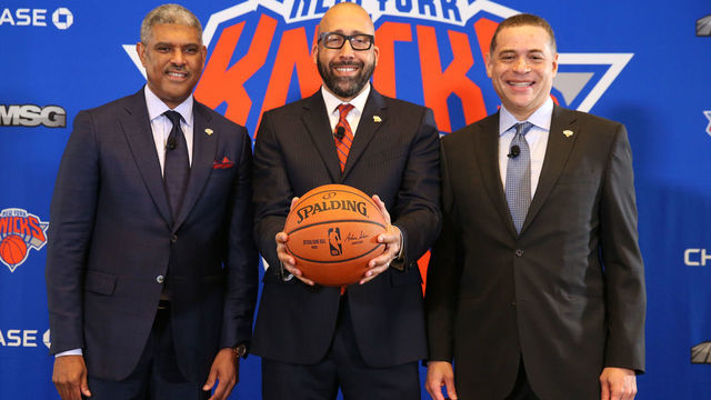 NEW YORK, NY - MAY 8: Steve Mills, David Fizdale and Scott Perry of the New York Knicks during a press conference announcing David Fizdale as the new head coach on May 8, 2018 at Madison Square Garden in New York City, New York. Mandatory Copyright Notice: Copyright 2018 NBAE