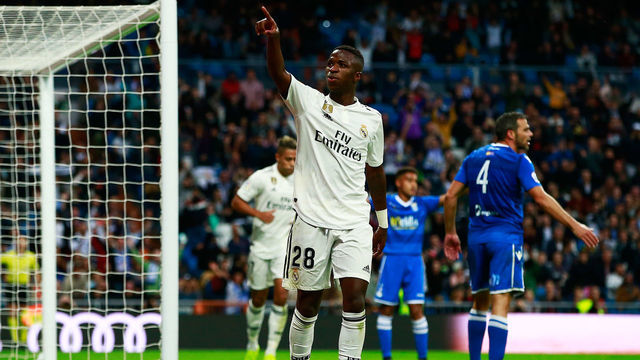 MADRID, SPAIN - DECEMBER 06: Vinicius Junior of Real Madrid celebrates after scoring his team's fifth goal during the Copa del Rey fourth round match between Real Madrid and Melilla at Estadio Bernabeu on December 6, 2018 in Madrid, Spain.