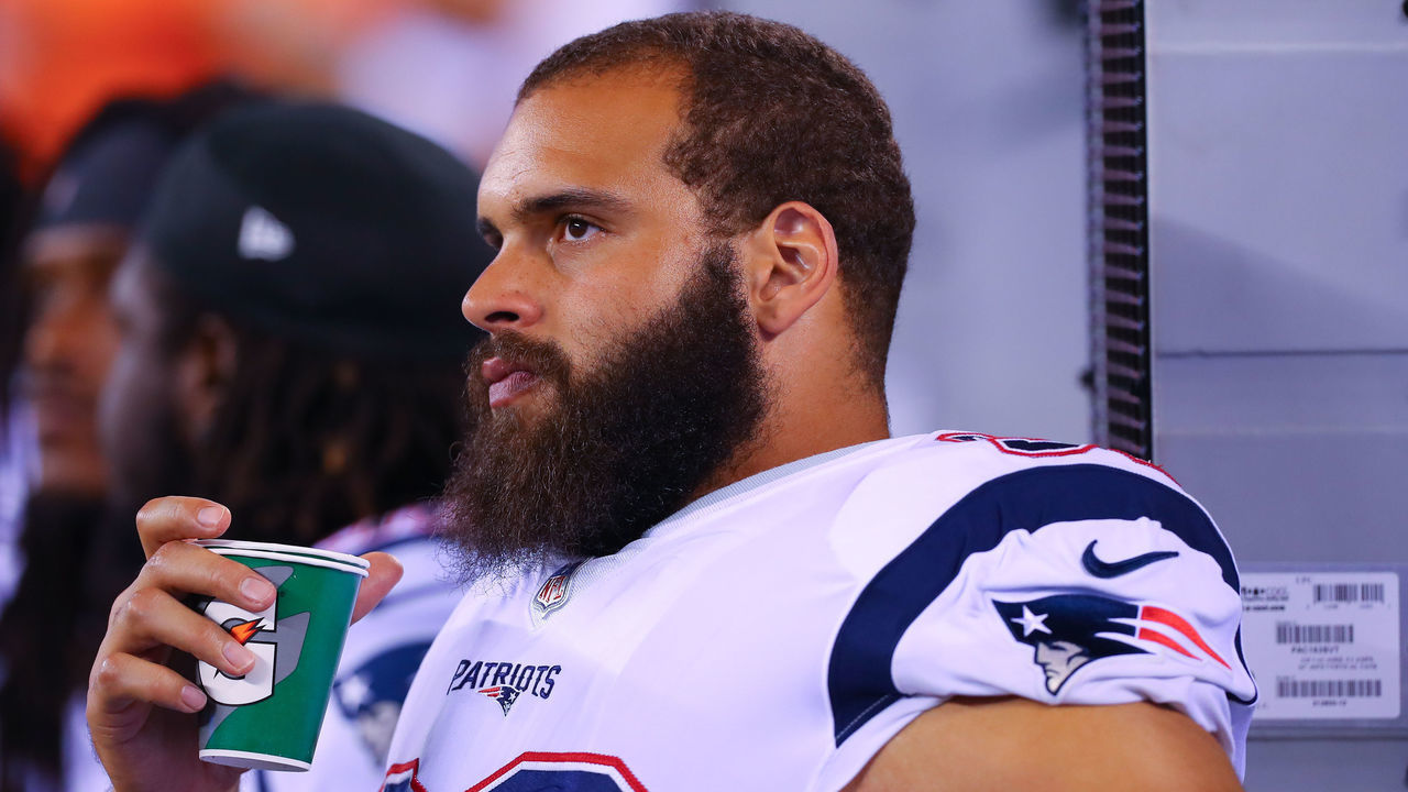 EAST RUTHERFORD, NJ - AUGUST 30: New England Patriots defensive tackle Lawrence Guy (93) on the sideline during the National Football League game between the New York Giants and the New England Patriots on August 30, 2018 at MetLife Stadium in East Rutherford, NJ.