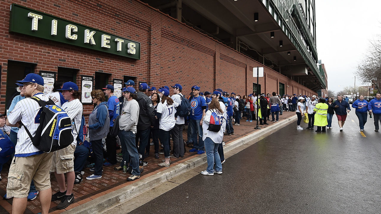 CHICAGO, IL - APRIL 10: Fans wait in line for tickets to the home opening game between the Chicago Cubs and the Los Angeles Dodgers at Wrigley Field on April 10, 2017 in Chicago, Illinois.