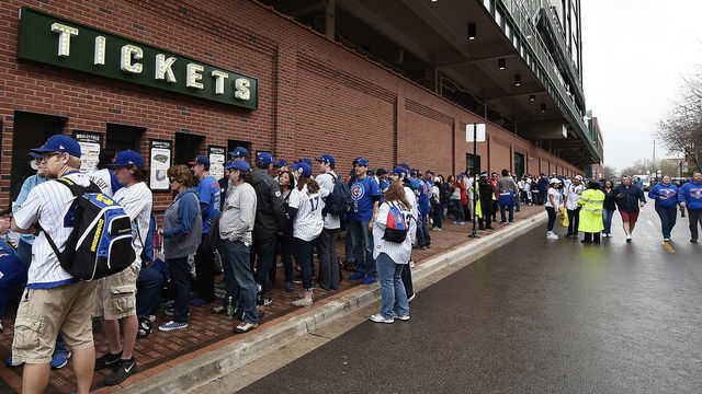 CHICAGO, IL - APRIL 10: Fans wait in line for tickets to the home opening game between the Chicago Cubs and the Los Angeles Dodgers at Wrigley Field on April 10, 2017 in Chicago, Illinois.