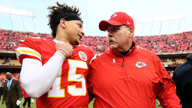 KANSAS CITY, MISSOURI - NOVEMBER 11: Patrick Mahomes #15 of the Kansas City Chiefs walks off the field alongside head coach Andy Reid after the Chiefs defeated the Arizona Cardinals 26-14 to win the game at Arrowhead Stadium on November 11, 2018 in Kansas City, Missouri.