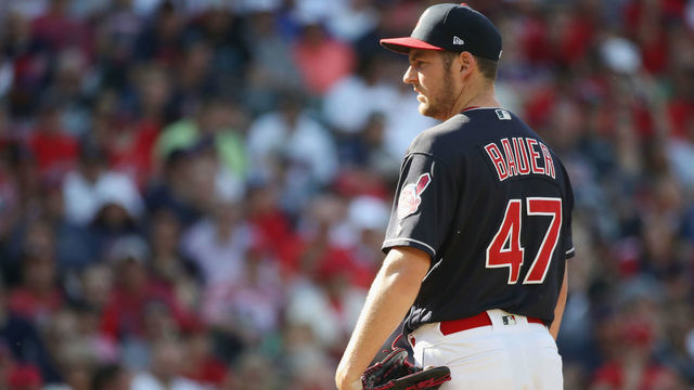CLEVELAND, OH - OCTOBER 08: Trevor Bauer #47 of the Cleveland Indians pitches in the sixth inning against the Houston Astros during Game Three of the American League Division Series at Progressive Field on October 8, 2018 in Cleveland, Ohio.