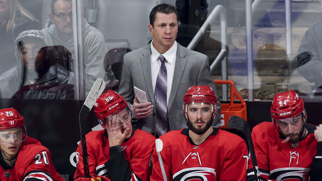 LOS ANGELES, CA - DECEMBER 2: Head coach Rod Brind'Amour of the Carolina Hurricanes looks on during the second period of the game against the Los Angeles Kings at STAPLES Center on December 2, 2018 in Los Angeles, California.