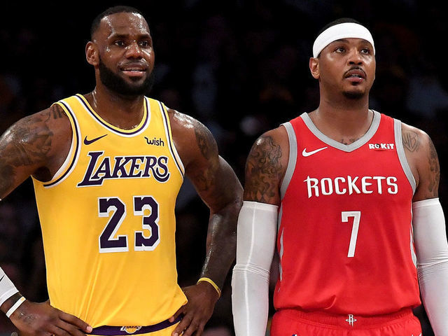 LOS ANGELES, CA - OCTOBER 20: LeBron James #23 of the Los Angeles Lakers and Carmelo Anthony #7 of the Houston Rockets wait for and inbound at Staples Center on October 20, 2018 in Los Angeles, California.