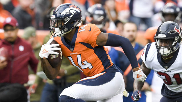 DENVER, CO - NOVEMBER 4: Courtland Sutton (14) of the Denver Broncos runs after the catch as Natrell Jamerson (31) of the Houston Texans pursues during the first half at Broncos Stadium at Mile High on Sunday, November 4, 2019.