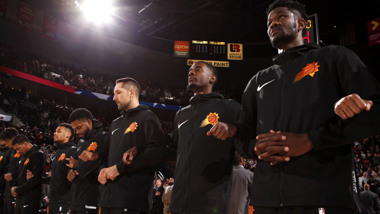 PORTLAND, OR - DECEMBER 6: Phoenix Suns stand for the national anthem before the game against the Portland Trail Blazers on December 6, 2018 at the Moda Center Arena in Portland, Oregon. Mandatory Copyright Notice: Copyright 2018 NBAE