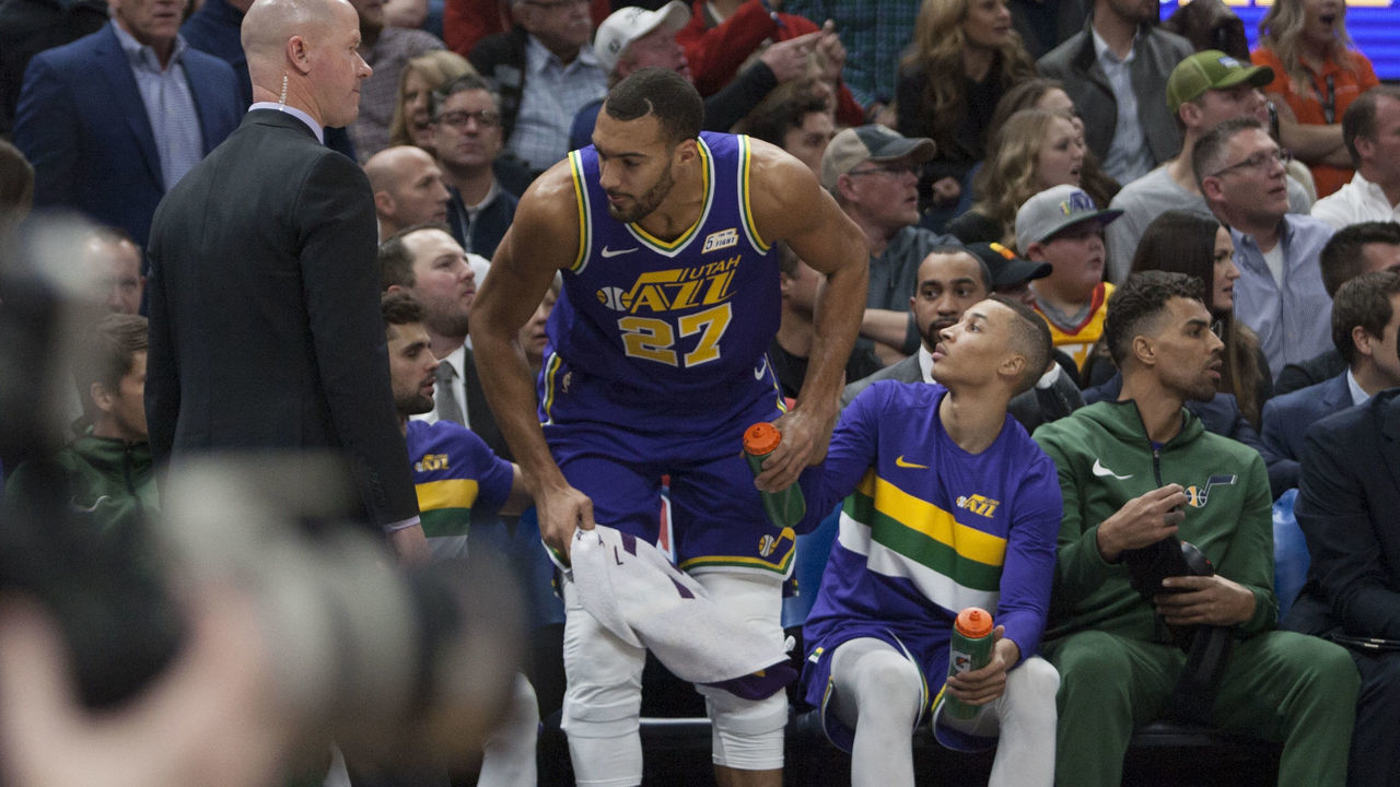 SALT LAKE CITY, UT - DECEMBER 6: Rudy Gobert #27 of the Utah Jazz leaves the bench after being ejected during their game against the Houston Rockets at the Vivint Smart Home Arena on December 6, 2018 in Salt Lake City , Utah.