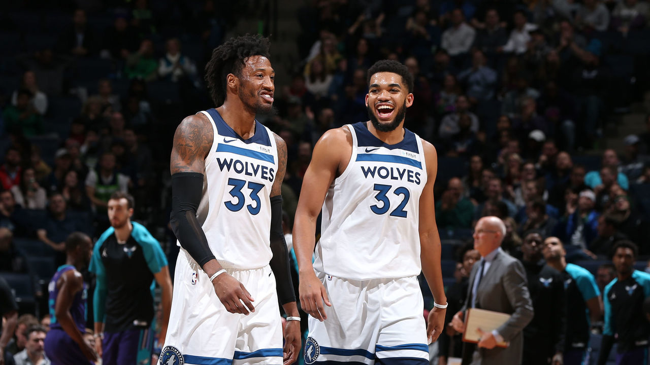 MINNEAPOLIS, MN - DECEMBER 5: Keita Bates-Diop #33 and Karl-Anthony Towns #32 of the Minnesota Timberwolves during the game against the Charlotte Hornets on December 5, 2018 at Target Center in Minneapolis, Minnesota. Mandatory Copyright Notice: Copyright 2018 NBAE
