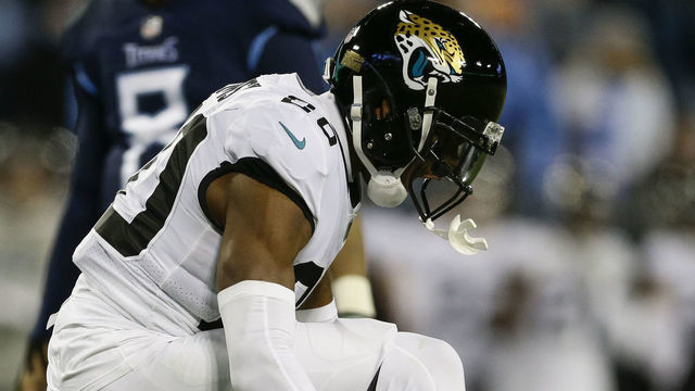 NASHVILLE, TN - DECEMBER 6: Jalen Ramsey #20 of the Jacksonville Jaguars celebrates tackling Derrick Henry #22 of the Tennessee Titans during the fourth quarter at Nissan Stadium on December 6, 2018 in Nashville, Tennessee.