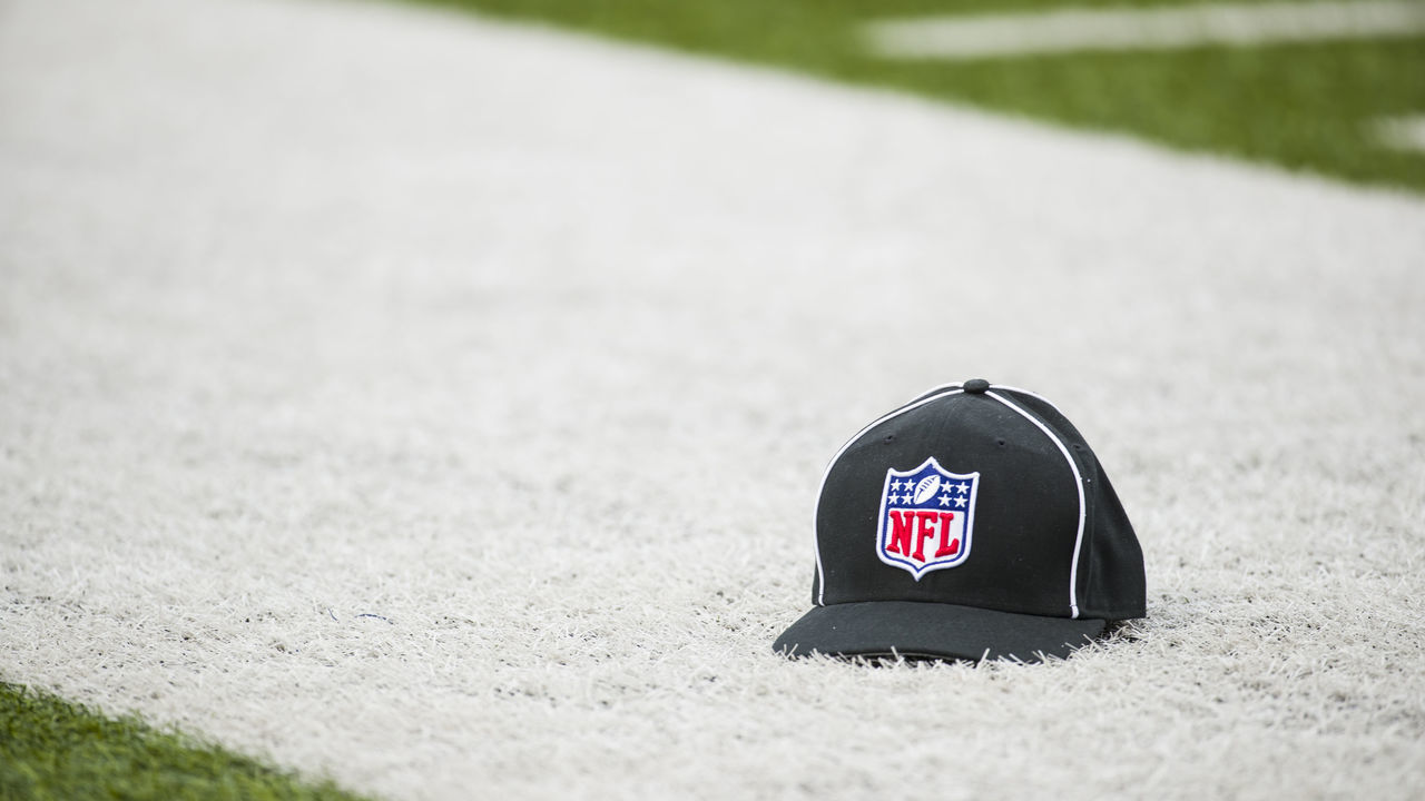 ORCHARD PARK, NY - NOVEMBER 25: A referee cap with the NFL Shield logo sets on the field's sideline during the game between the Buffalo Bills and the Jacksonville Jaguars at New Era Field on November 25, 2018 in Orchard Park, New York. Buffalo defeats Jacksonville 24-21. *** Local Caption ***
